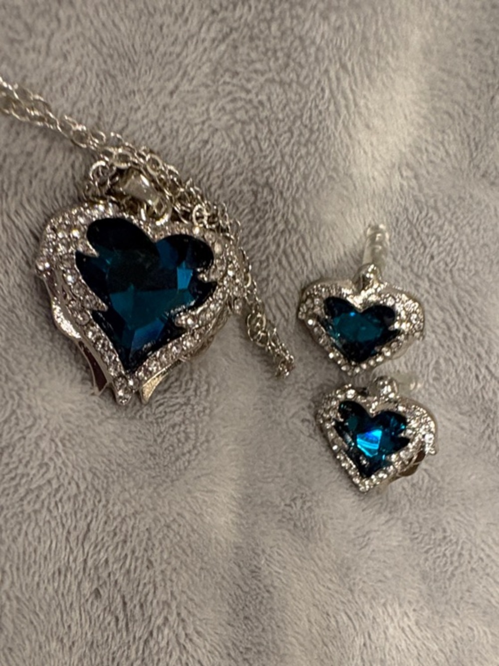 Silver Heart Necklace and Earrings Set with Deep Blue Crystals